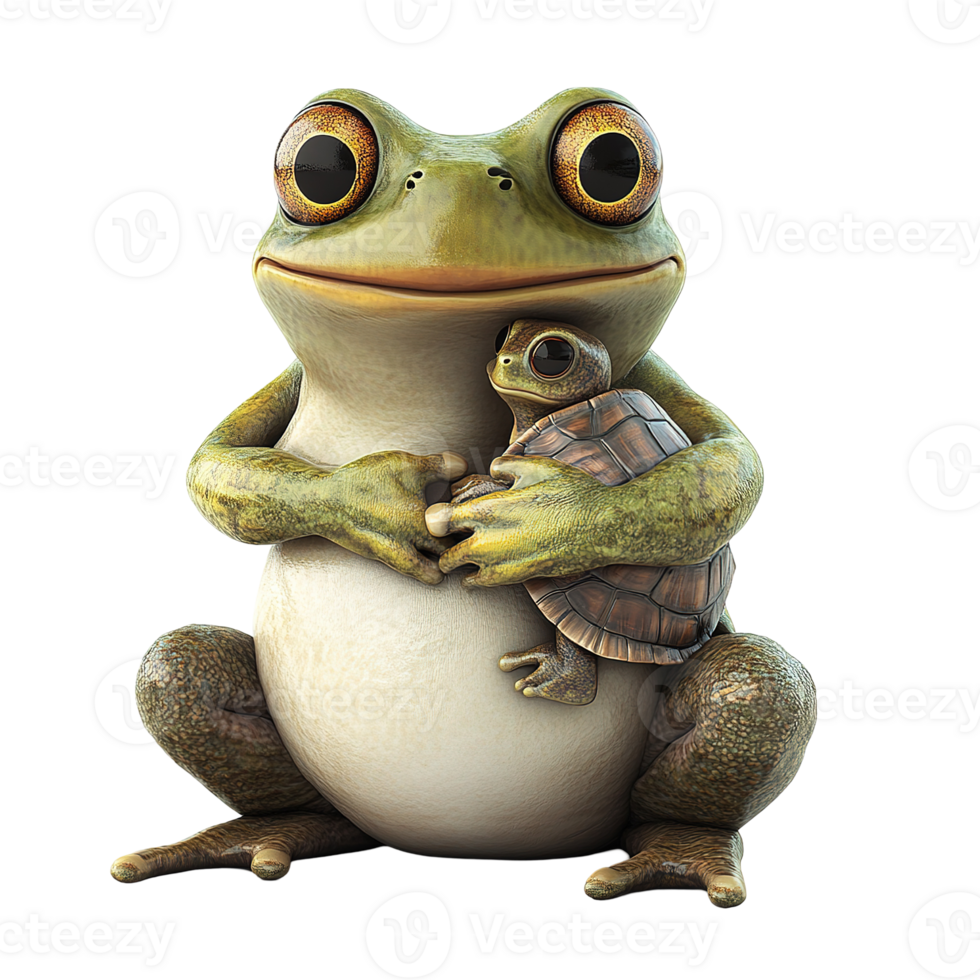 A large frog is holding a small turtle with care png