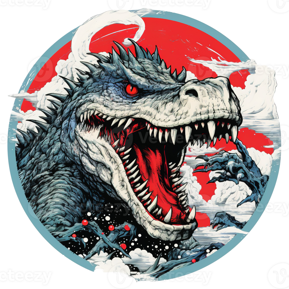 A fearsome stylized illustration of a large roaring dinosaur creature png