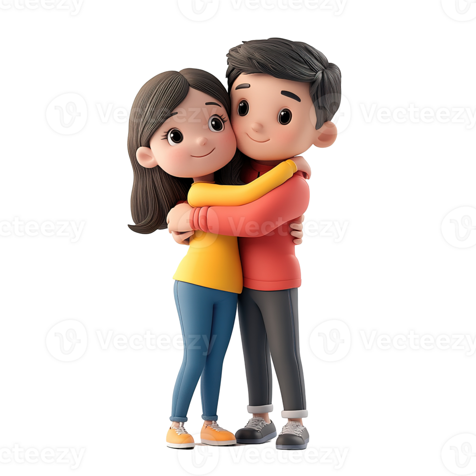 A happy cartoon couple standing and embracing each other closely png