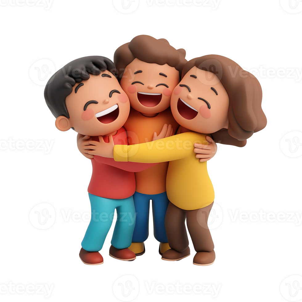 Three cartoon figures joyfully hugging in a display of togetherness png