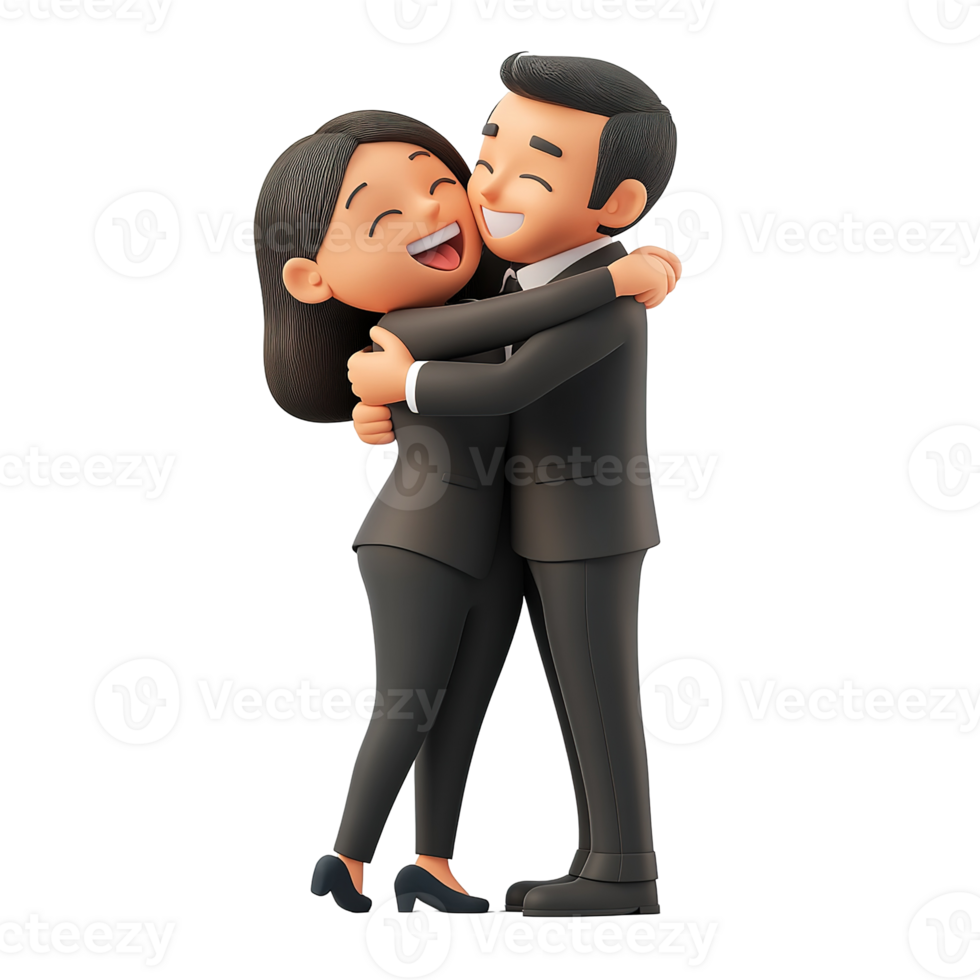 Two cartoon figures embrace in joyful and loving happiness together png