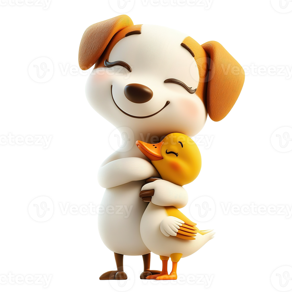 A happy cartoon dog gives a warm hug to a small yellow duck png