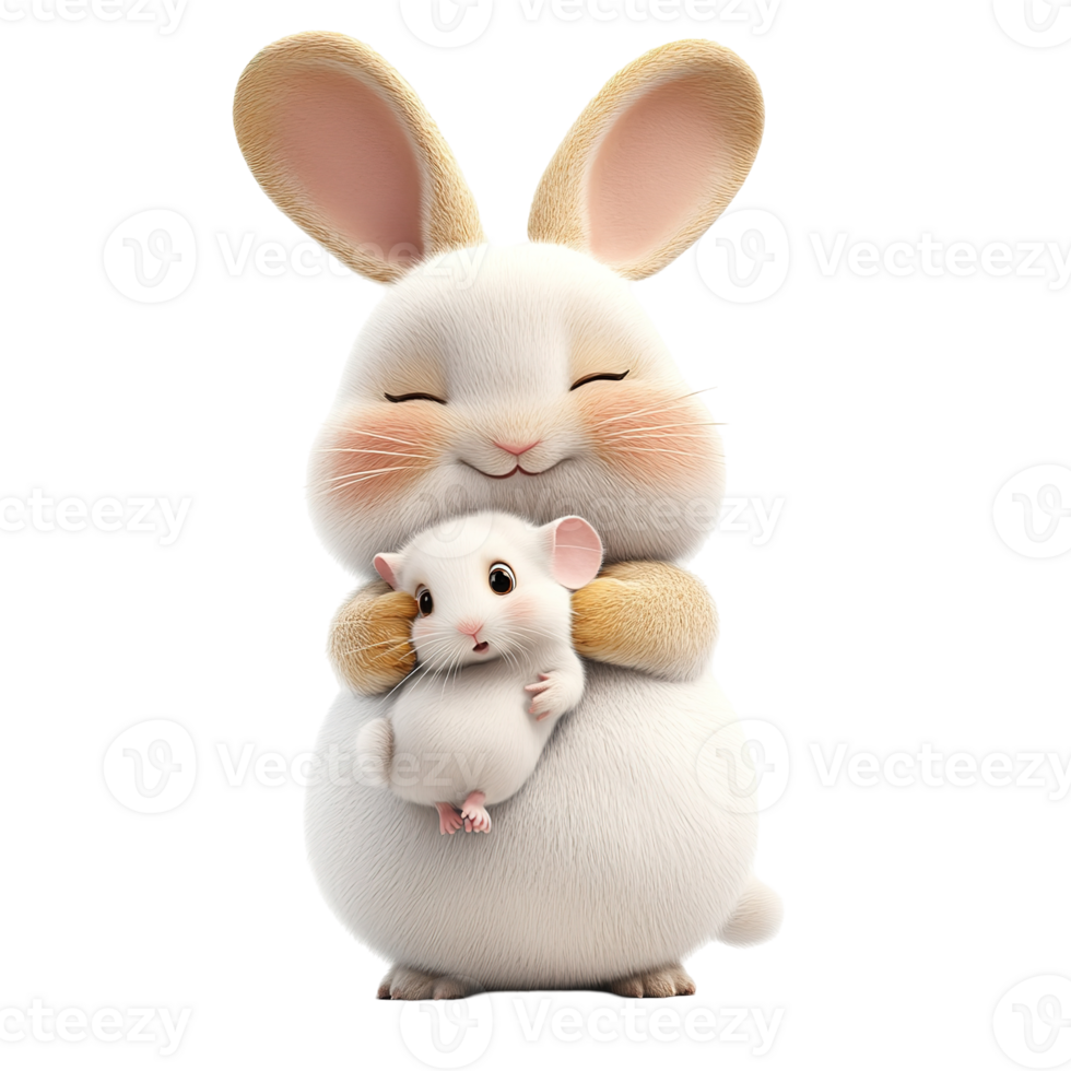 A happy cartoon rabbit tenderly hugs a tiny adorable mouse png