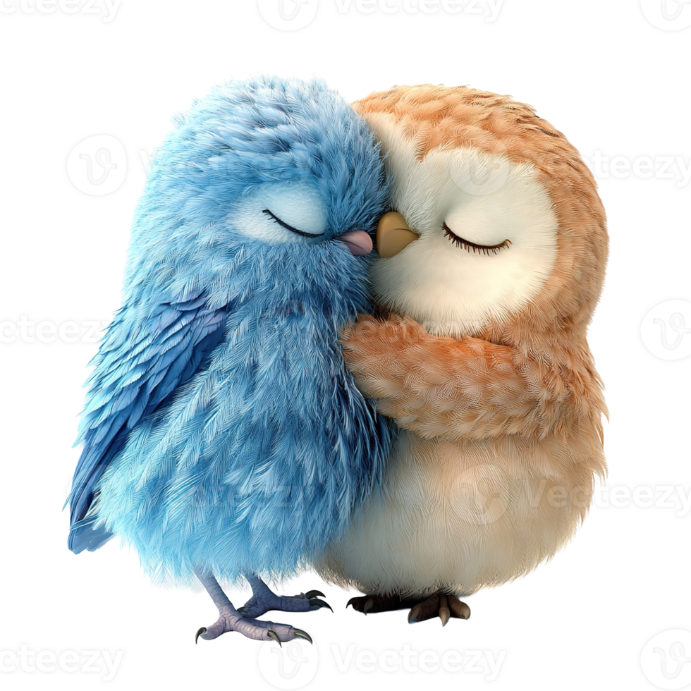 Two cartoon birds are hugging each other very closely and warmly png