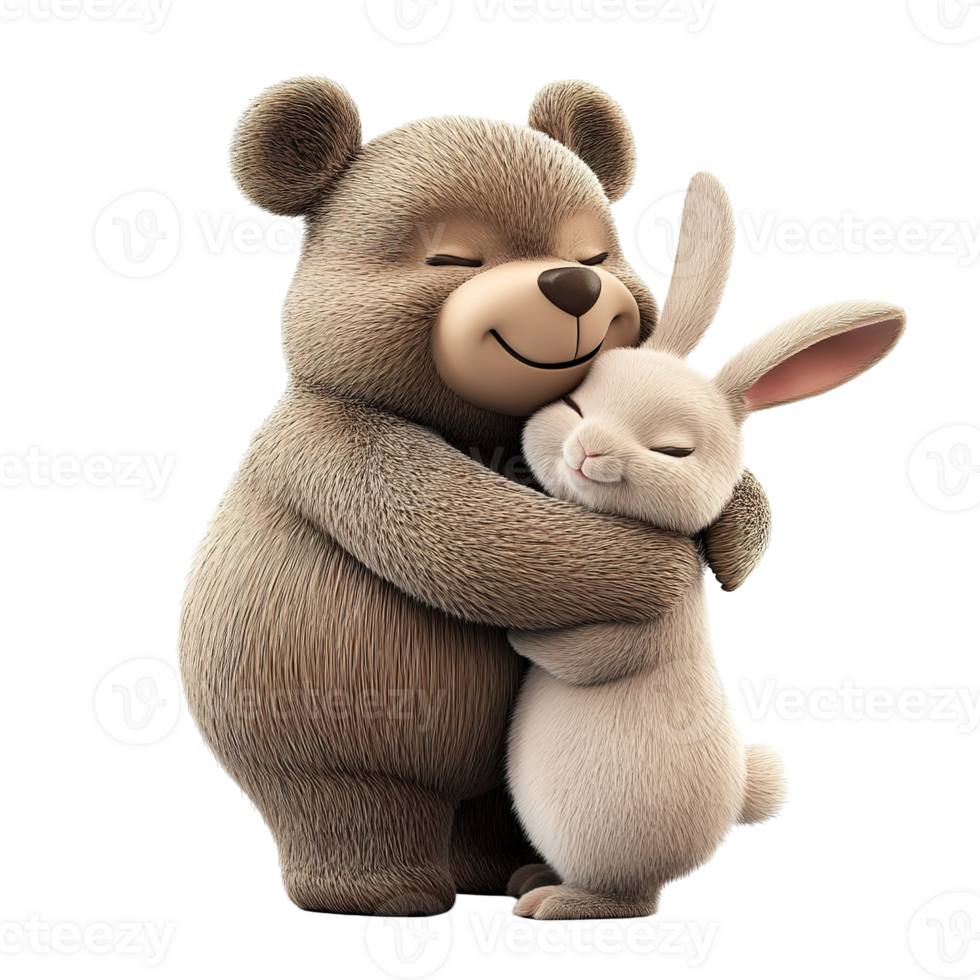 A friendly bear and bunny are lovingly embracing each other png