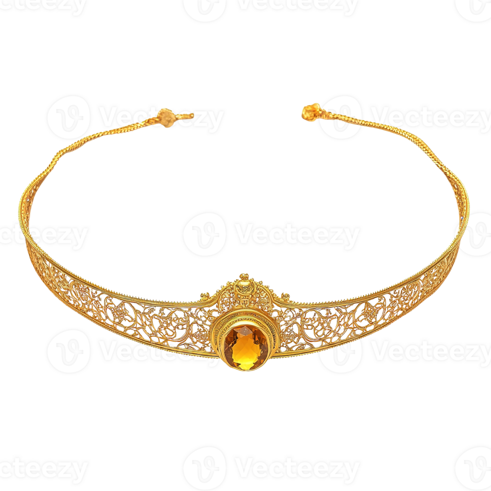 Golden choker necklace with decorative patterns and a central gemstone png