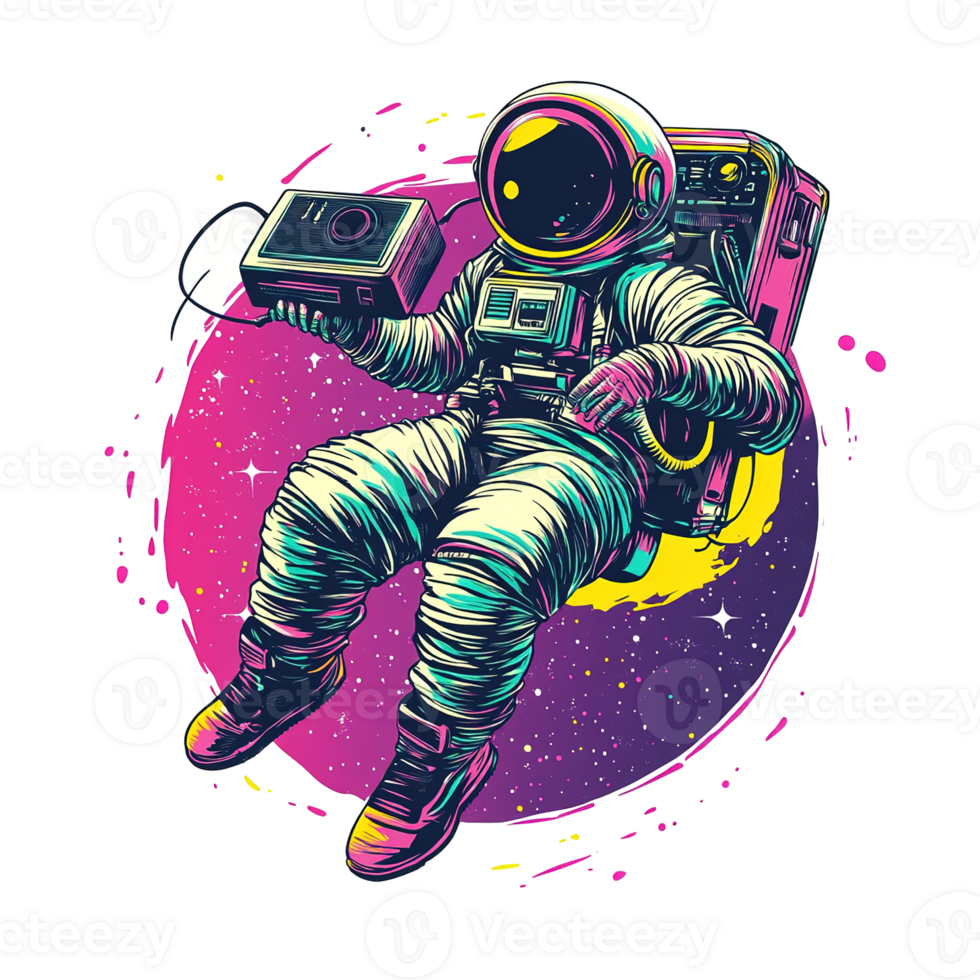 An astronaut floating in space holds a device and looks forward png