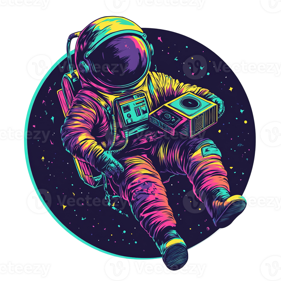 A colorful astronaut floats holding a rectangular device in space png