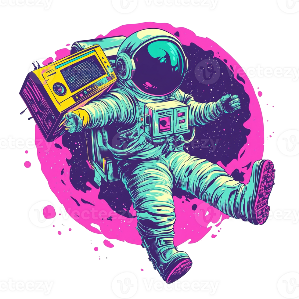 An astronaut floating in space holds a retro radio device png