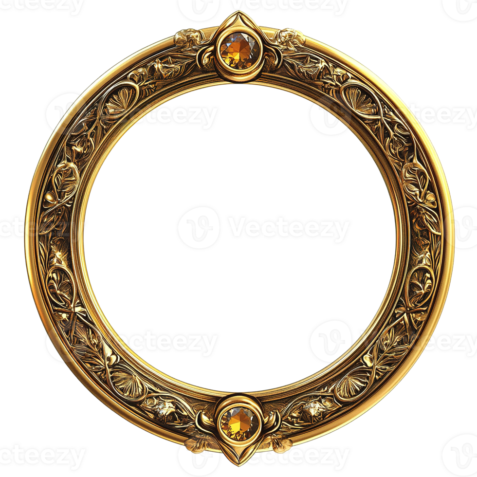 A decorative golden ornate circular frame with jewels is presented png