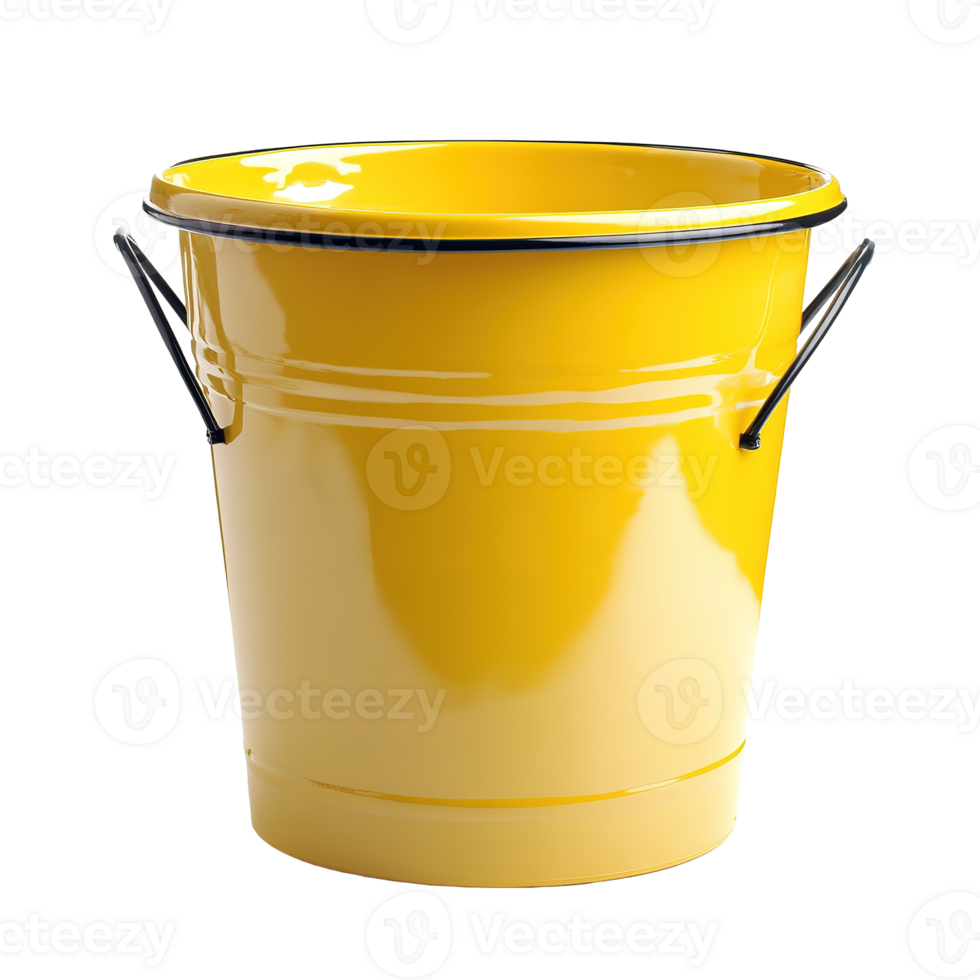 A shiny yellow bucket with black handle and rim is displayed png