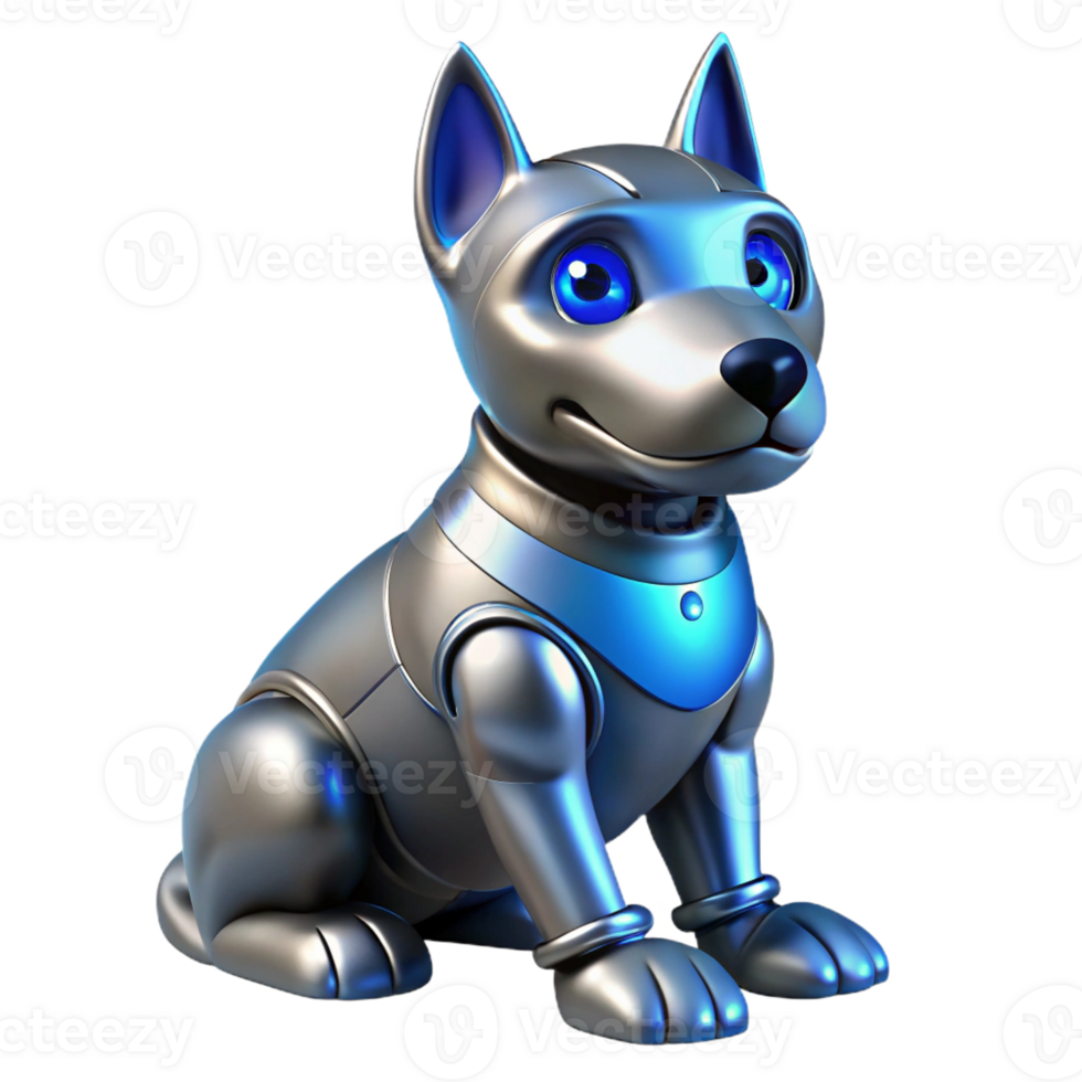 vibrant minimalist A robotic dog with glowing blue eyes and sleek metallic fur, sitting obediently. Soft, ambient lighting, realistic style professional png