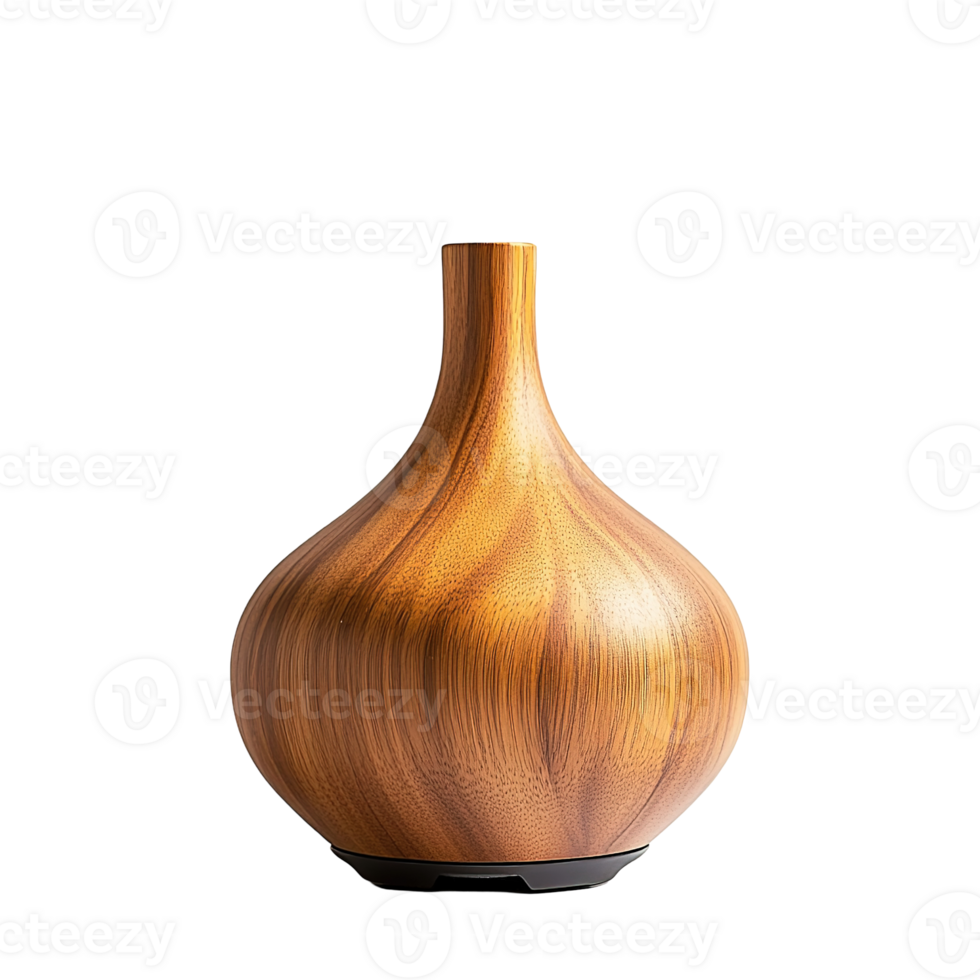 A brown wooden diffuser with a bulbous shape against black background png