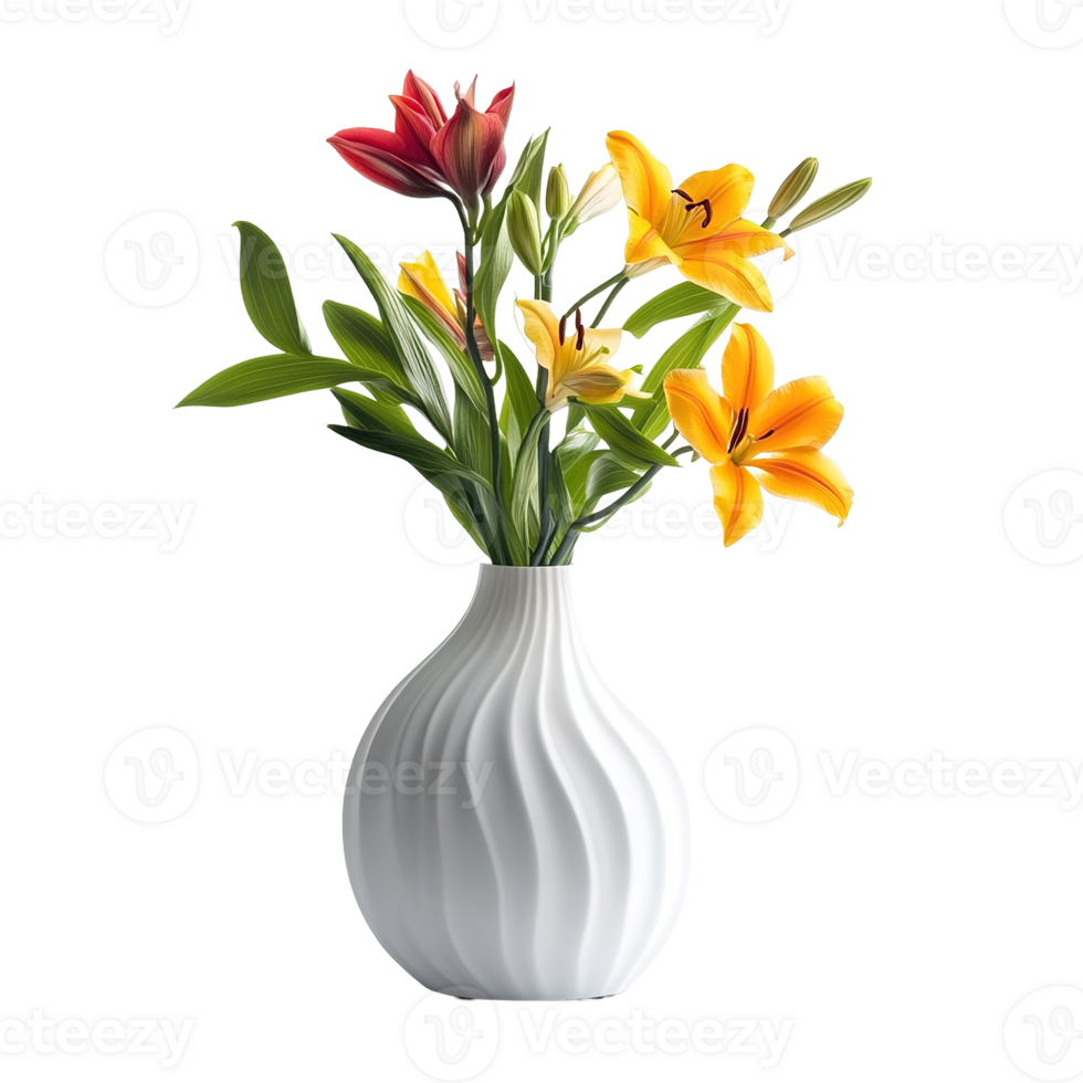 A beautiful white vase holding vibrant colorful flower arrangement png