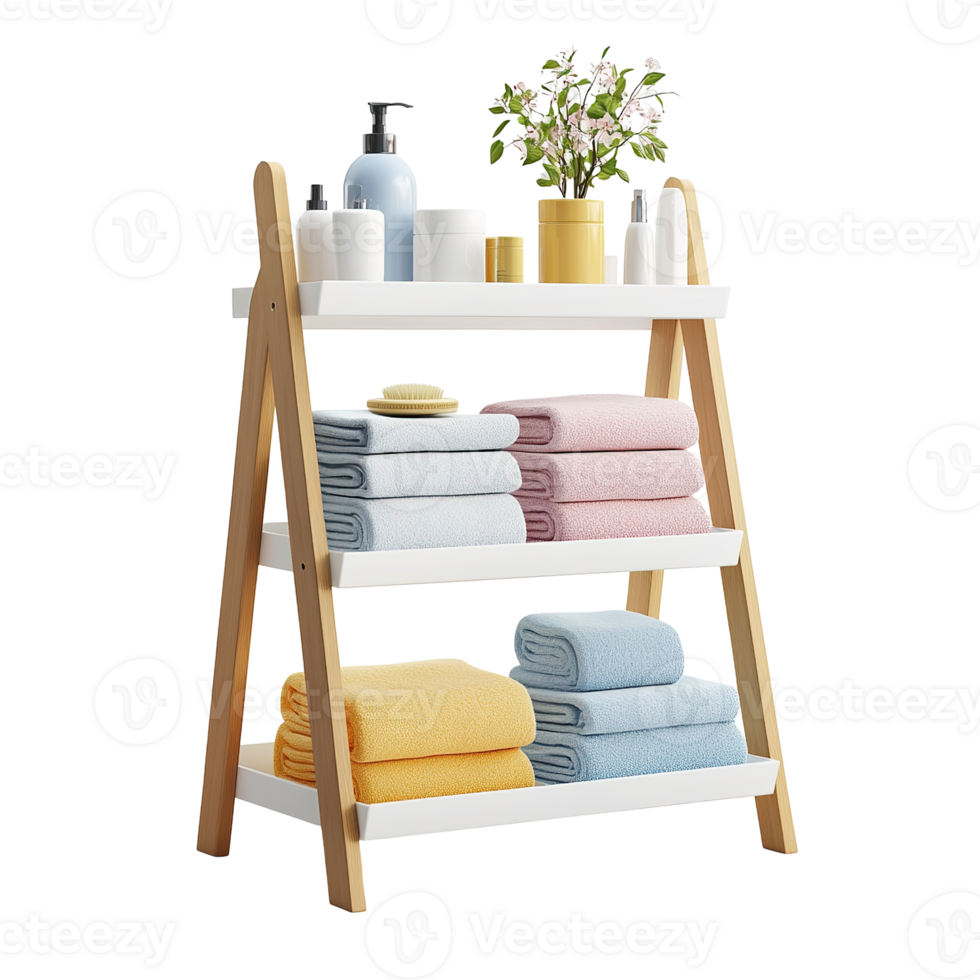 A wooden bathroom shelf displays towels and toiletries for usage png