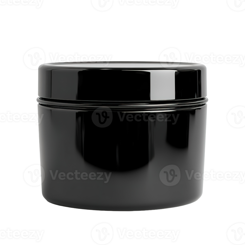Shiny black jar with a cap sits against a dark background png
