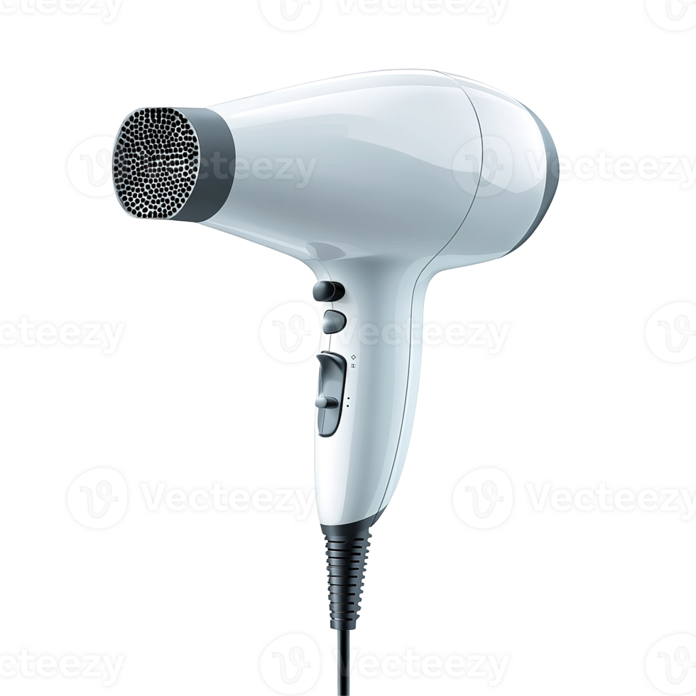 A modern white hair dryer isolated on a black background png