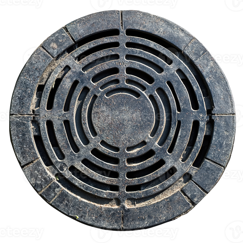 A close up of a circular metal sewer cover png