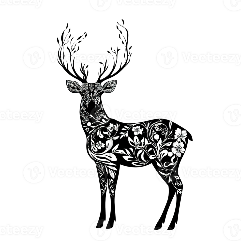 An elegant stag illustration featuring floral patterns in black and white png