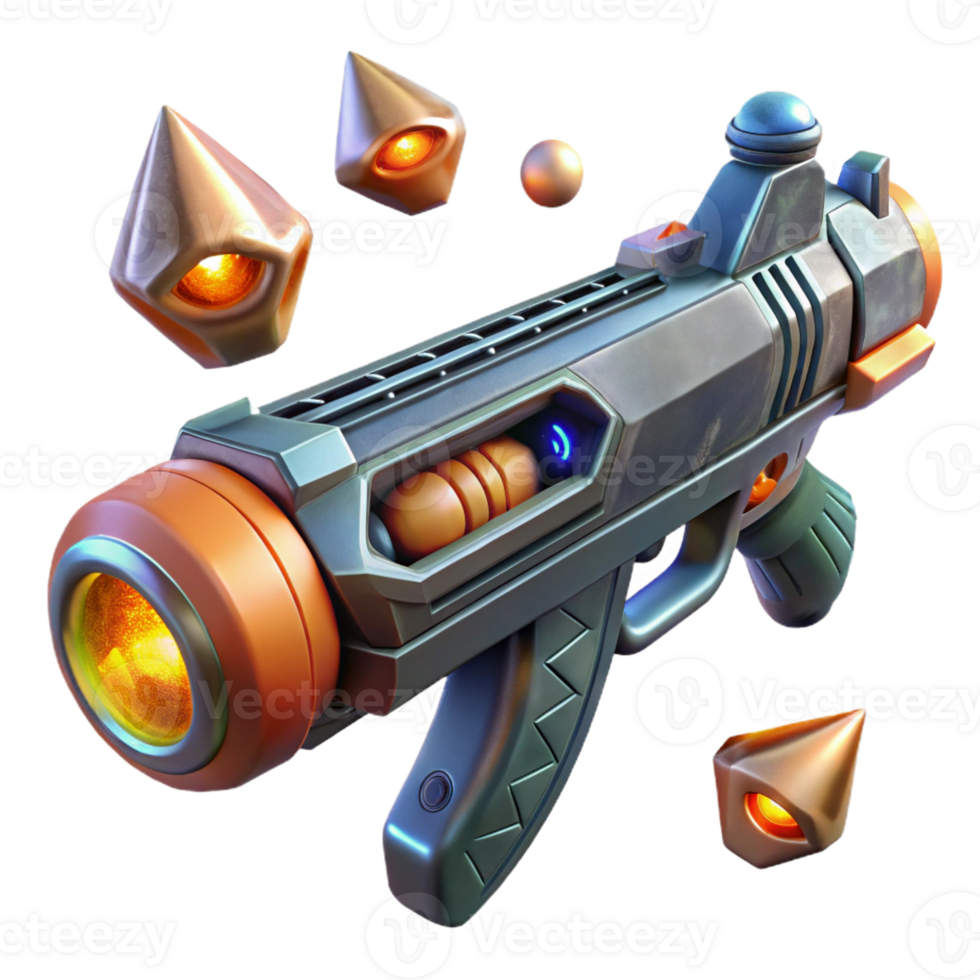 serene artistic A futuristic weapon with pulsating energy cores and intricate engravings, floating in zero gravity. Dramatic lighting, realistic style 4K png