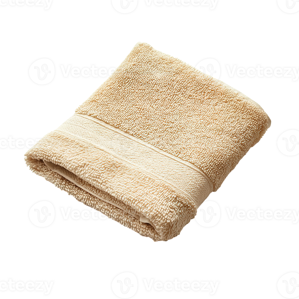 A folded beige towel with decorative stripes is featured isolated png