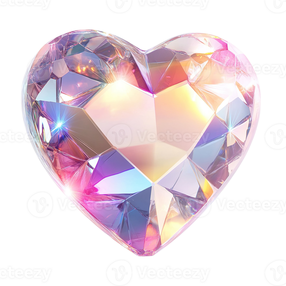 A beautiful faceted crystal heart shape with prismatic light reflections png