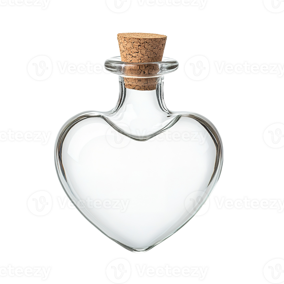 A transparent heart shaped glass bottle with a cork stopper png