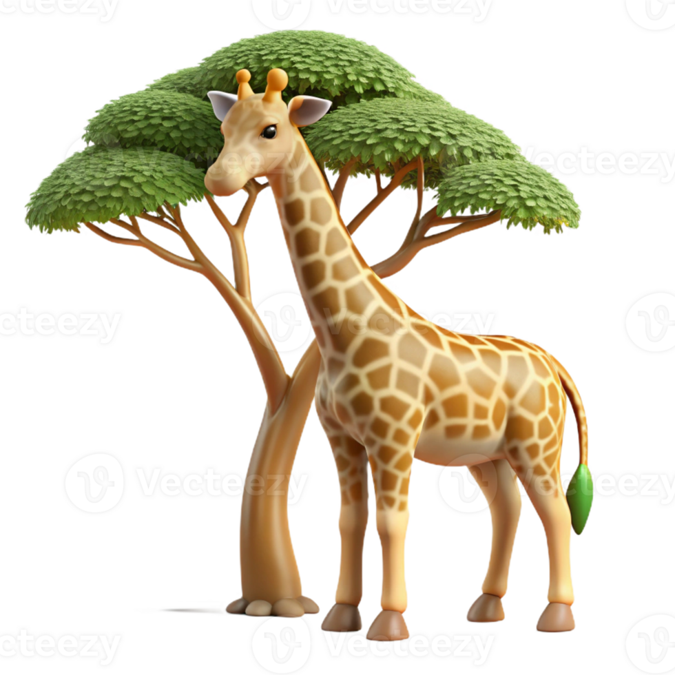 extraordinary abstract A gentle giraffe reaching for leaves in a tall acacia tree, illuminated by the soft light of a cloudy day, in a naturalistic, illustrative style premium png