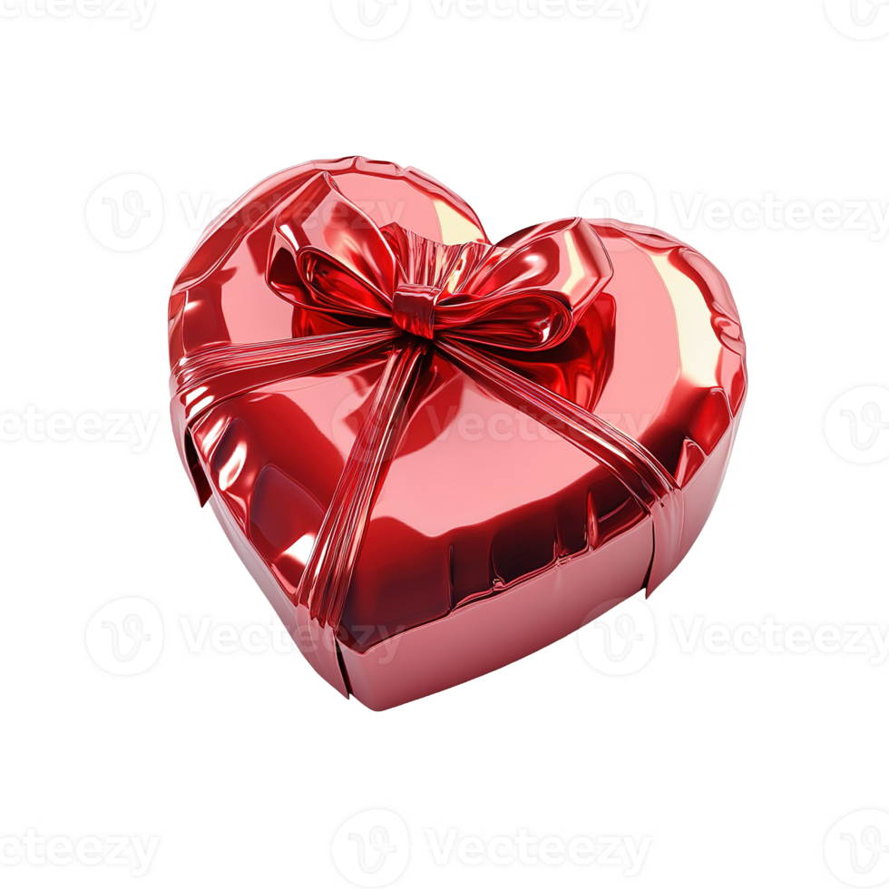 Shiny red heart shaped gift box with a bow png