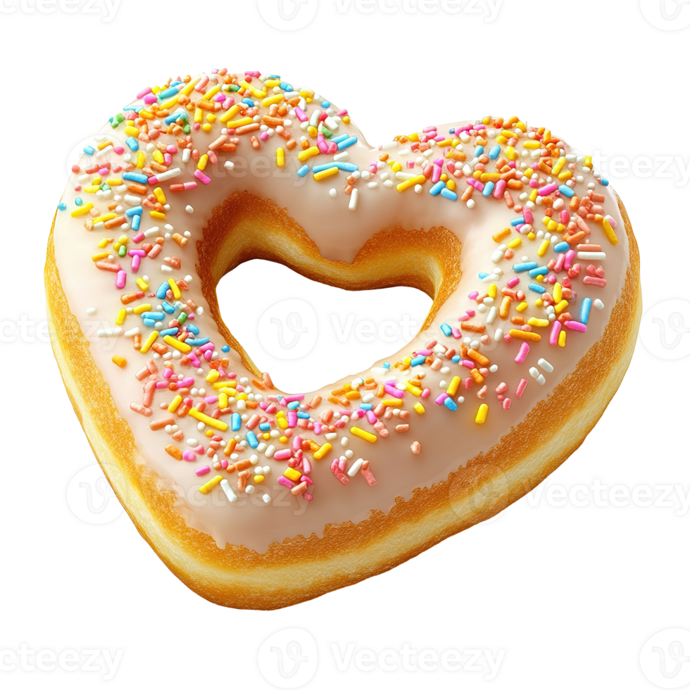A decorated heart shaped donut with colorful sprinkles on top png