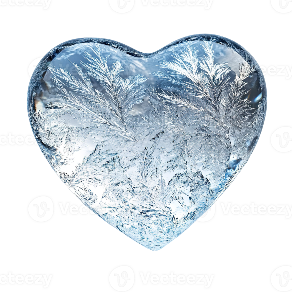 A transparent heart shaped ice block with intricate crystalline patterns png