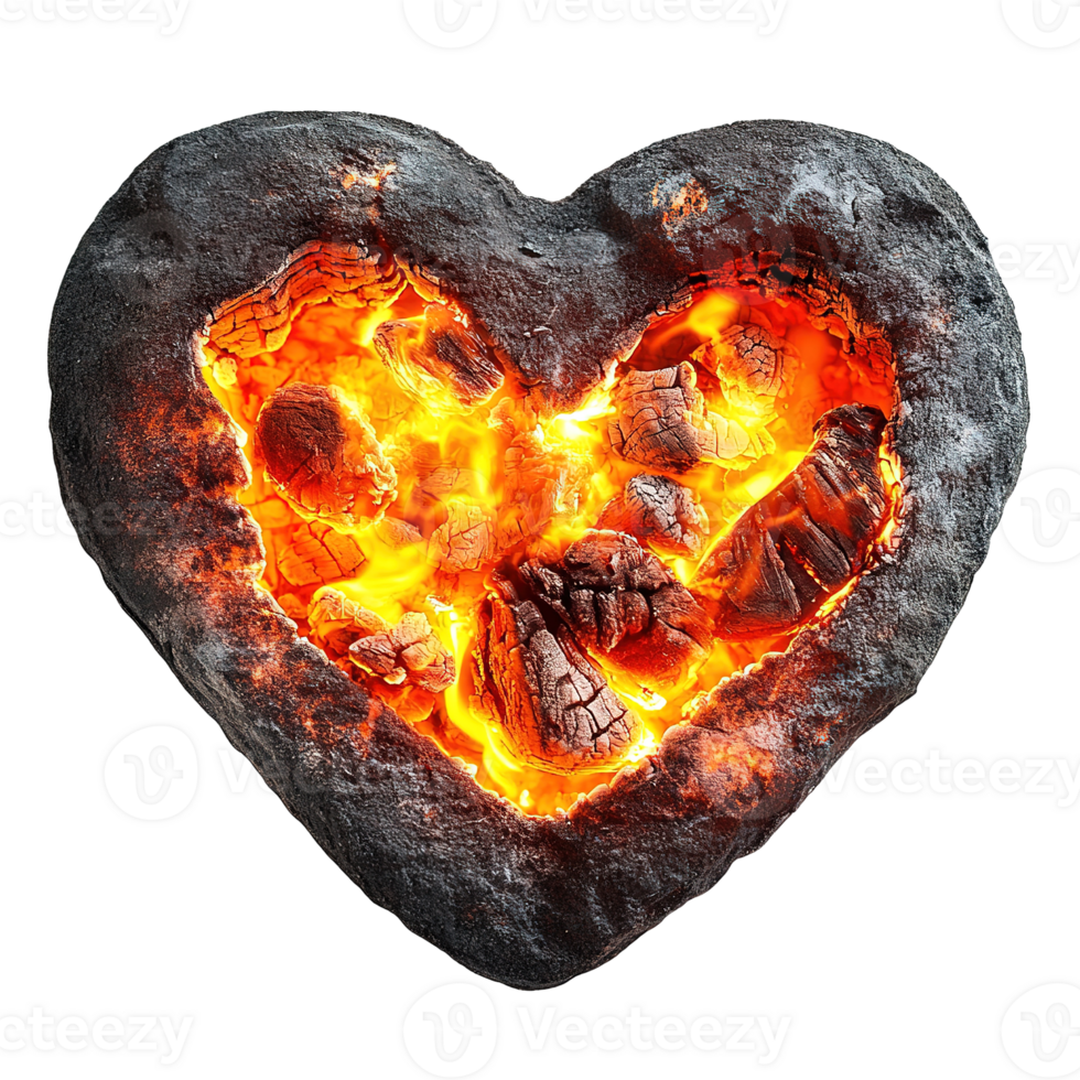 A burning heart shaped form filled with glowing embers and flames png