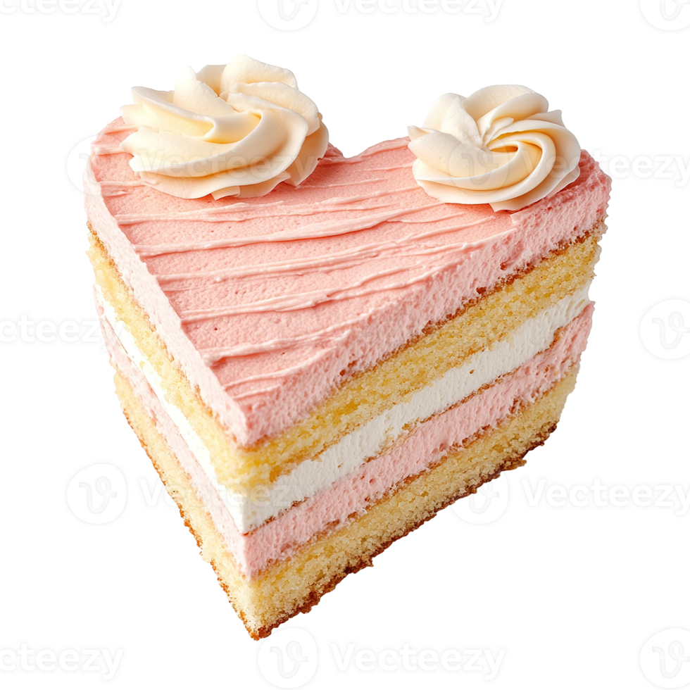 A delicious heart shaped cake with pink icing and cream swirls png