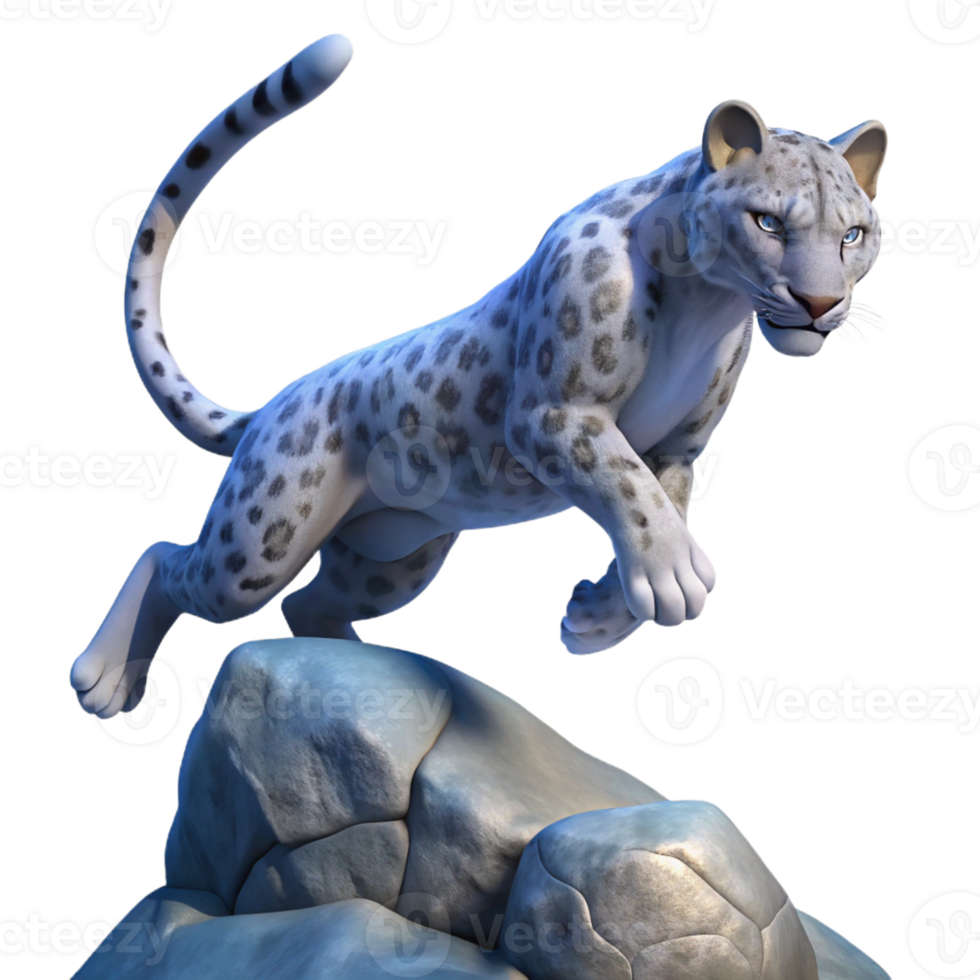 serene abstract A majestic snow leopard gracefully leaping across a chasm, illuminated by a single ray of moonlight, digital painting style detailed png