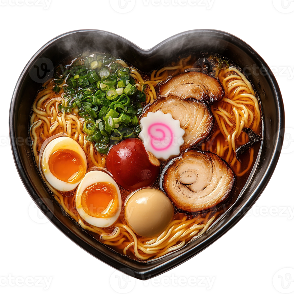 A steaming bowl of ramen noodles in a heart shaped dish png
