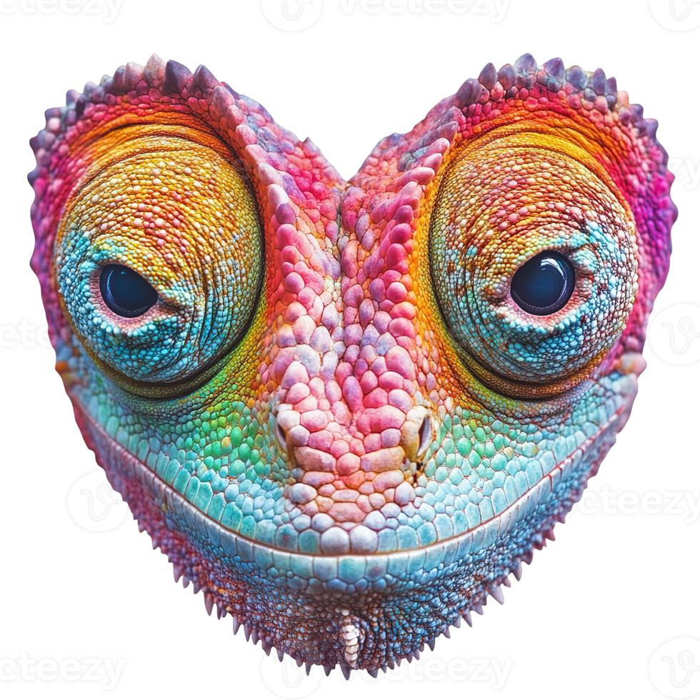 A close up portrait displays the colorful head of a chameleon png
