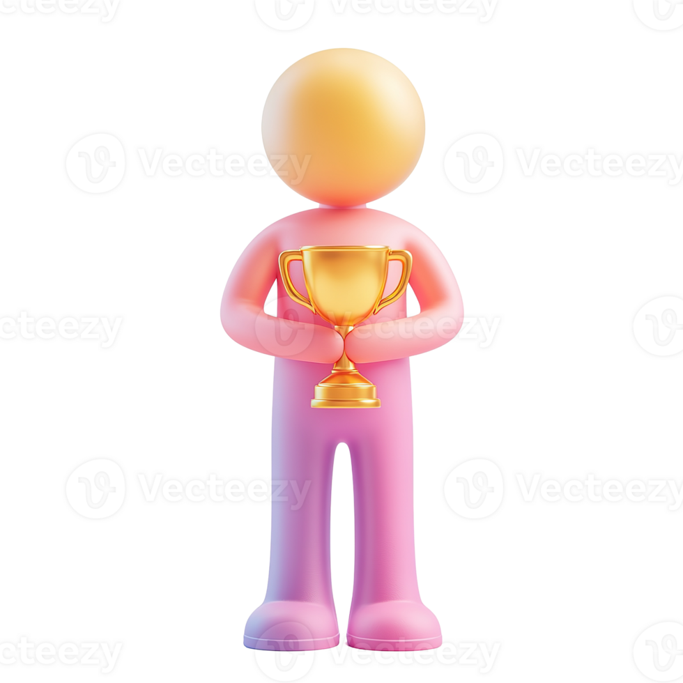 A stylized character happily holding a golden trophy cup png