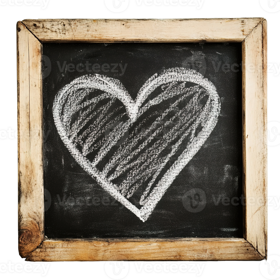 A white chalk heart is drawn on a black framed chalkboard png