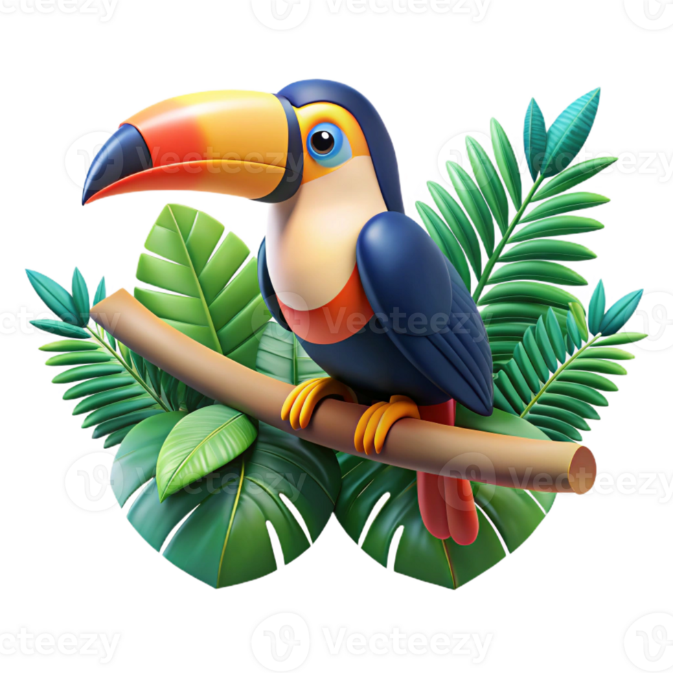 magnificent contemporary A colorful toucan perched on a branch, surrounded by lush tropical foliage, in a vibrant, graphic design style 4K png