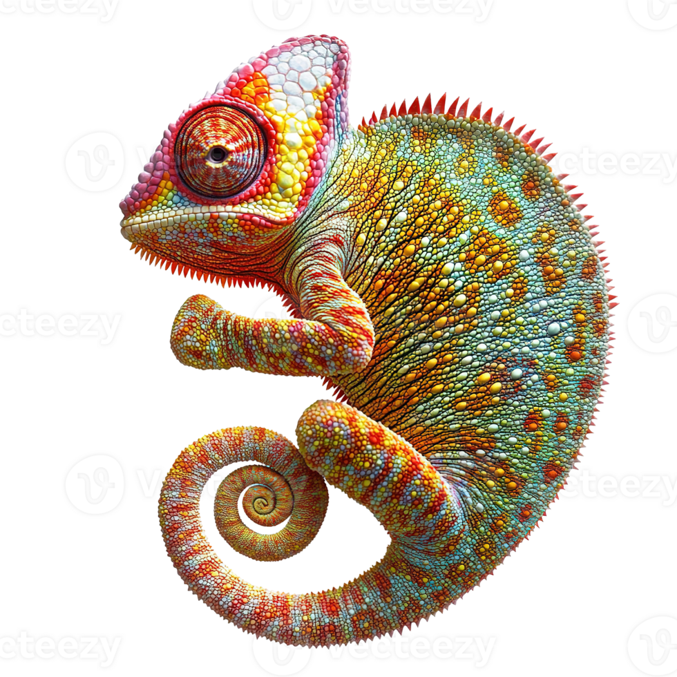 A colorful chameleon with a coiled tail on a dark background png