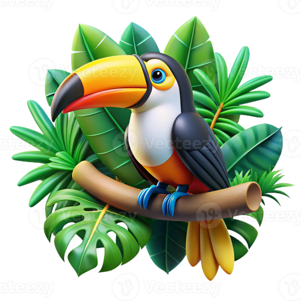 extraordinary rustic A colorful toucan perched on a branch, surrounded by lush tropical foliage, in a vibrant, graphic design style high resolution png