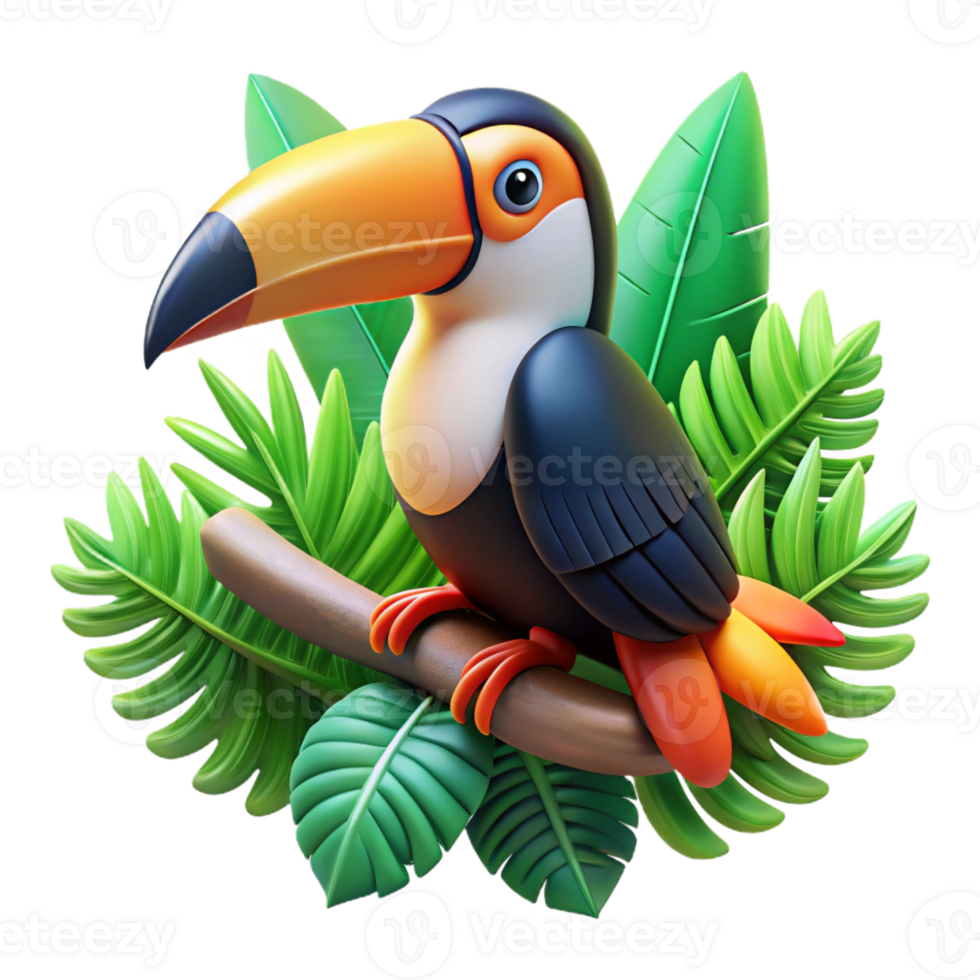 wonderful traditional A colorful toucan perched on a branch, surrounded by lush tropical foliage, in a vibrant, graphic design style 4K png
