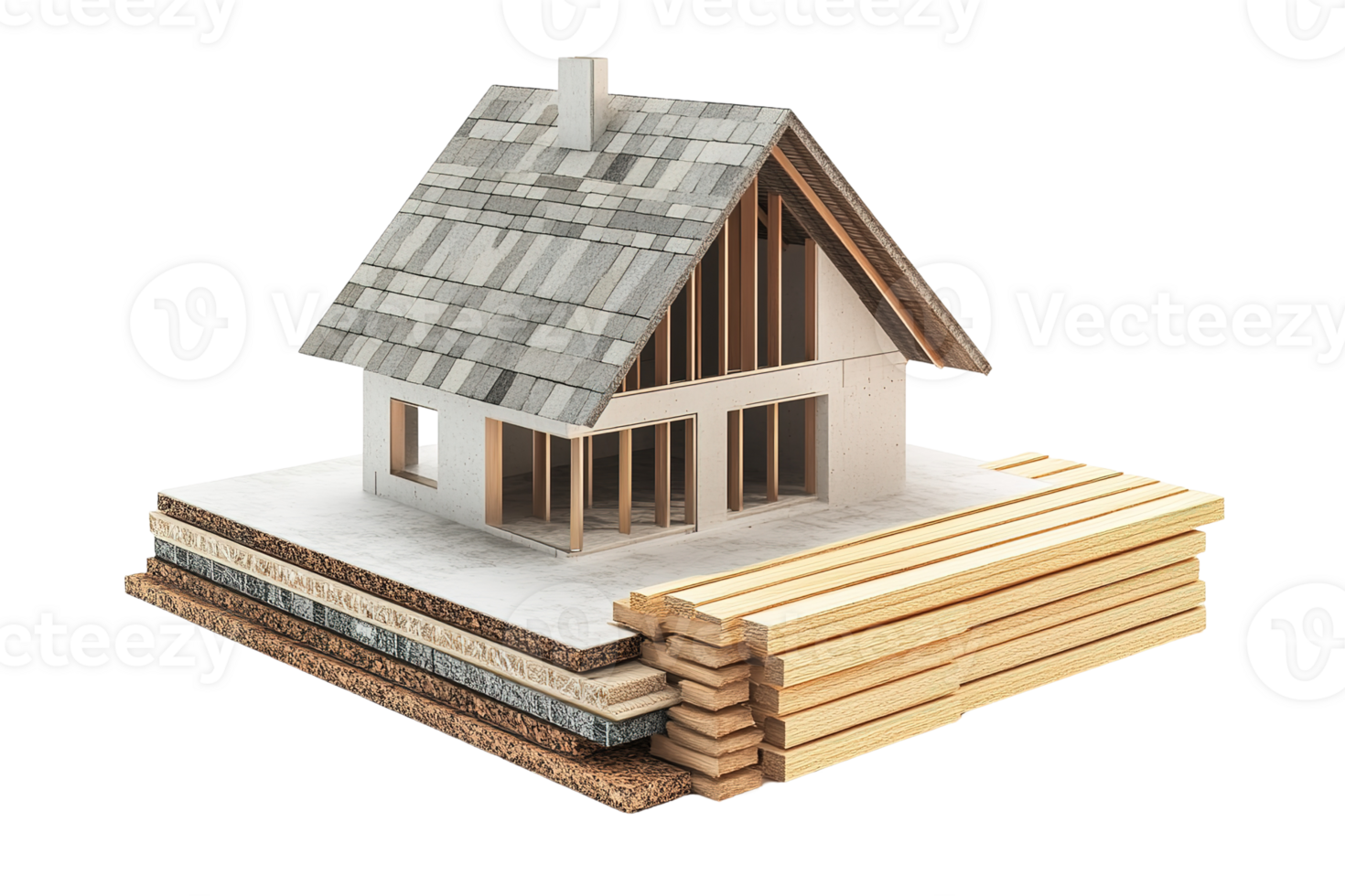 Detailed cross section of a house highlighting structural materials and components png