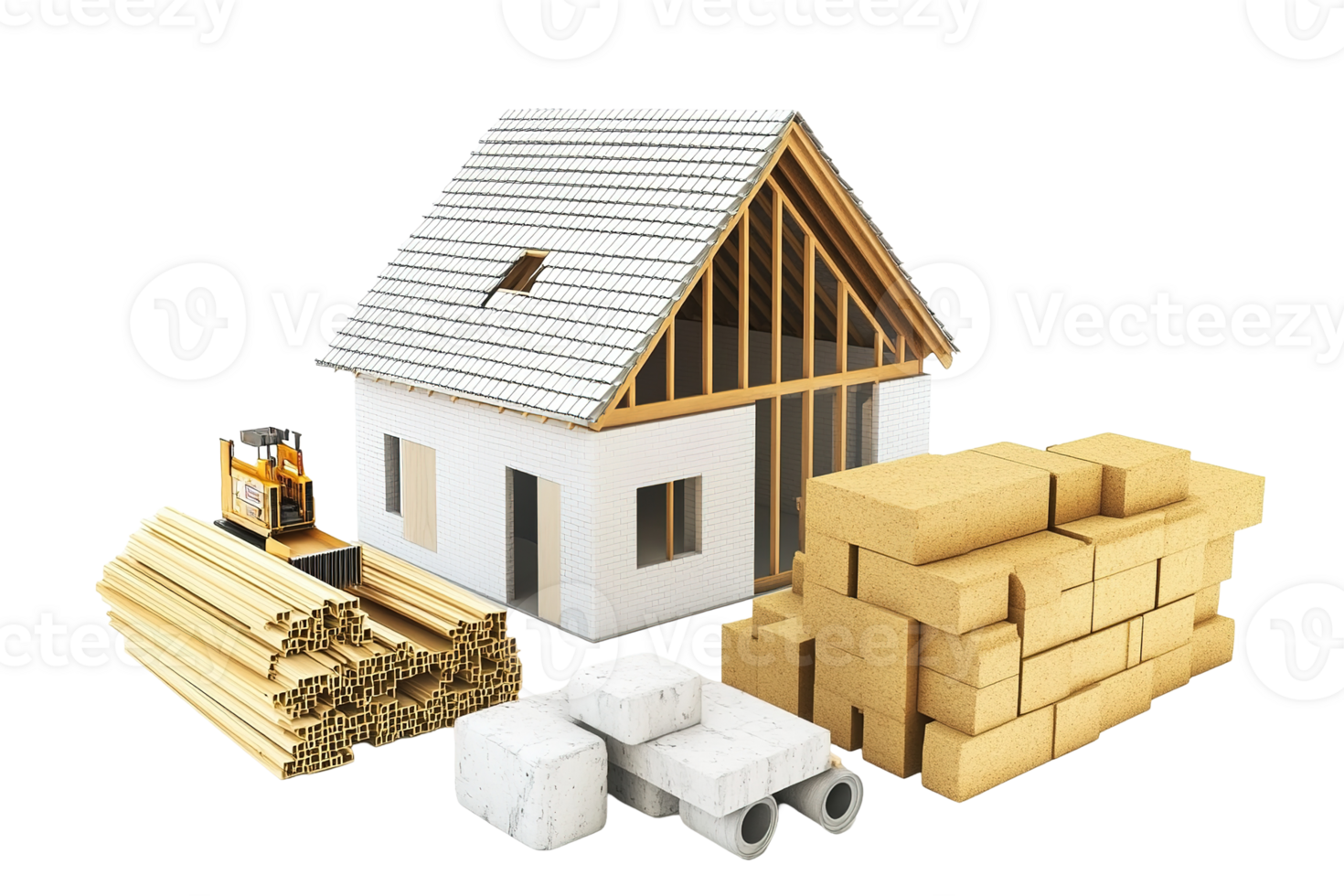 A model house construction project with various building materials displayed png