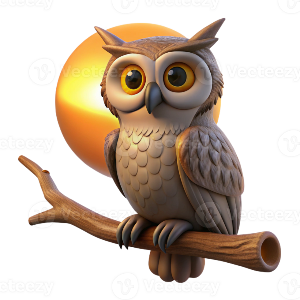 elegant classic A wise old owl perched on a gnarled branch, backlit by the setting sun, photorealistic style premium png