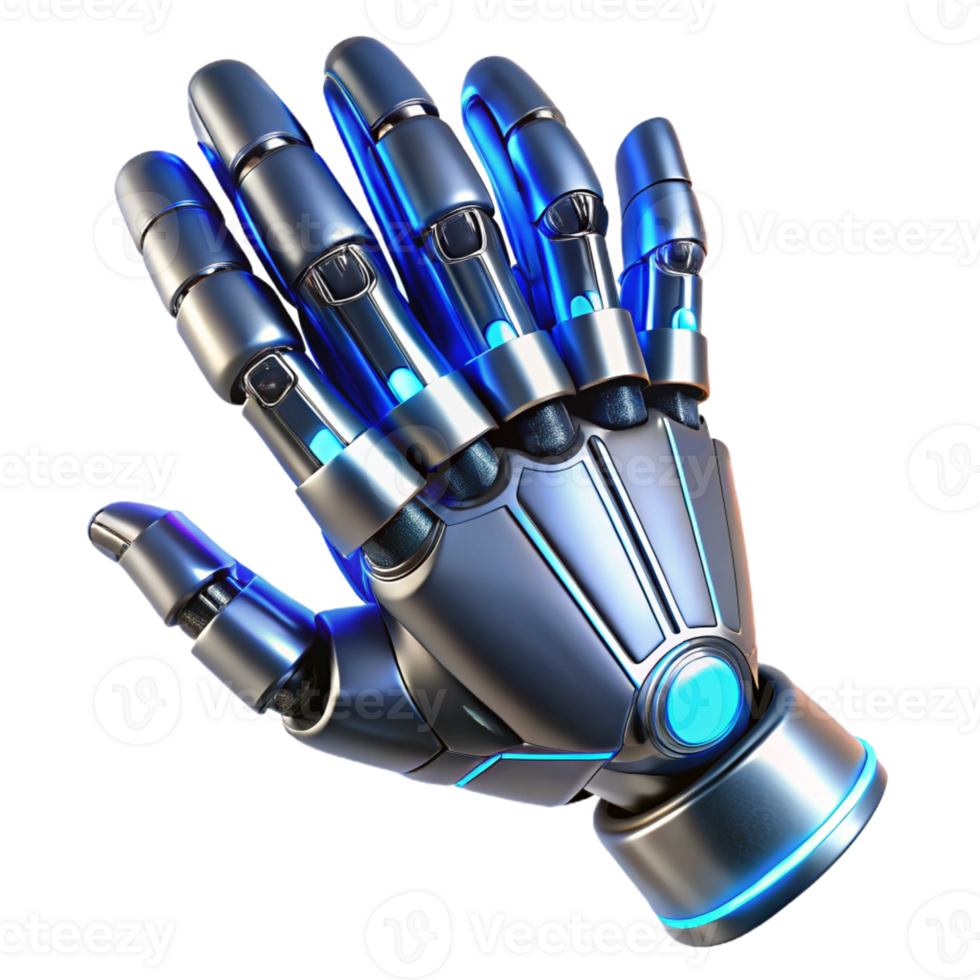 beautiful minimalist A futuristic prosthetic arm with sleek, metallic lines and glowing blue accents, flexing its fingers, rendered in a hyperrealistic style detailed png