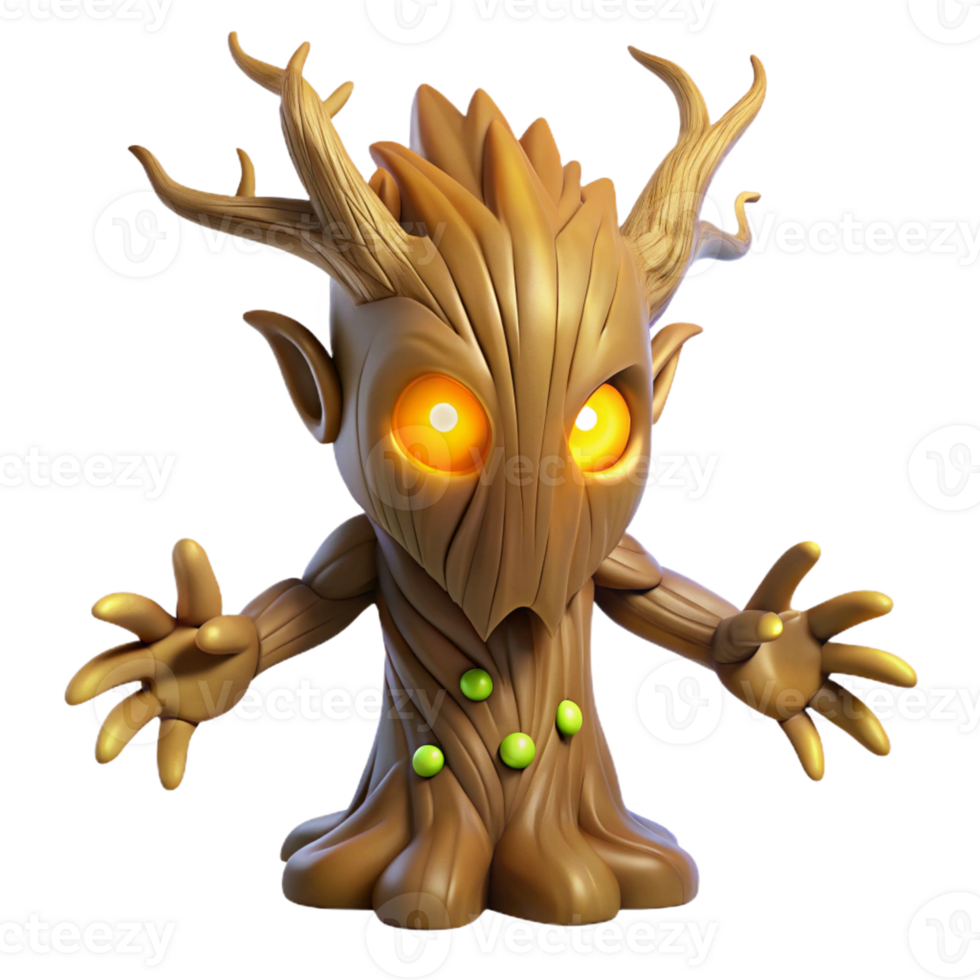 magnificent rustic A powerful, ancient tree spirit with glowing eyes and bark made of intertwined roots, emanating a warm, golden light. Greg Rutkowski style 4K png
