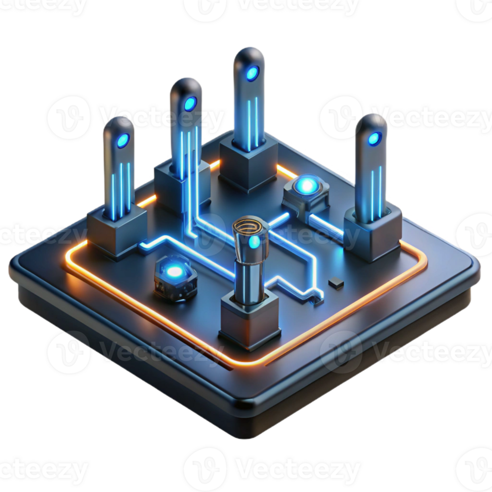 beautiful creative A levitating circuit board with glowing neon pathways, intricate components casting long shadows in a dramatic, chiaroscuro lighting style detailed png