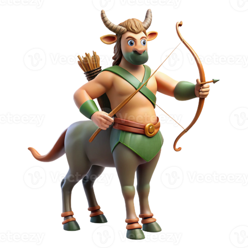 serene rustic A wise old centaur with a longbow and quiver of arrows, standing in a forest clearing, lit by dappled sunlight. Classical mythology style premium png