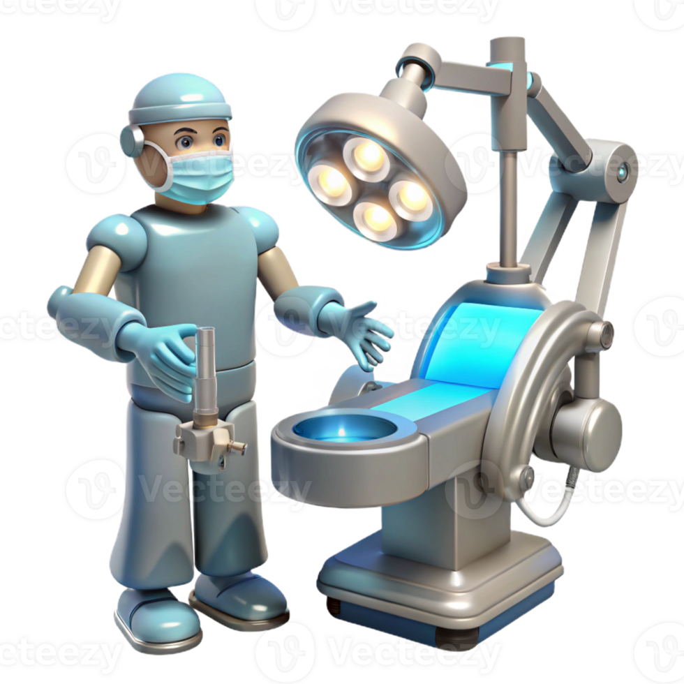 extraordinary minimalist A robotic surgeon performing a delicate operation, illuminated by surgical lights, in a medical illustration style authentic png